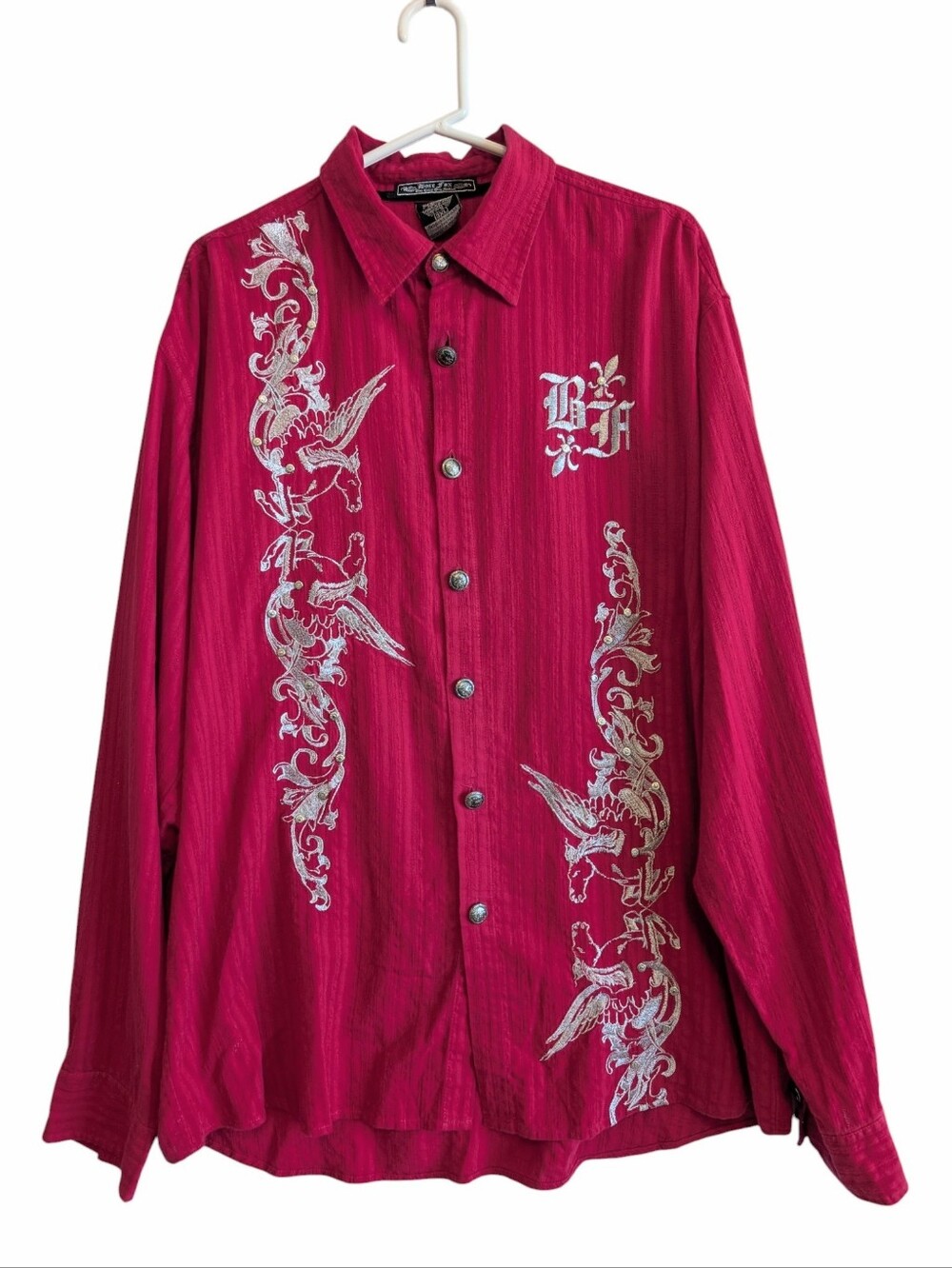 Vtg Bare Fox Men's Button Down Embroidered Red 3x Shirt Pegasus Horses 90's